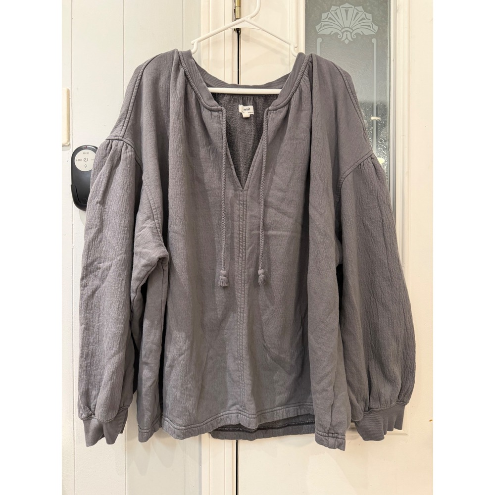 Aerie Gray V-Neck Tassel Tie Puff Sleeve Mixed Media Sweatshirt XL